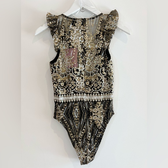 Bodysuit NWT Black & Gold Glitter Deep V Glam Party Hello Molly XS - Picture 5 of 6